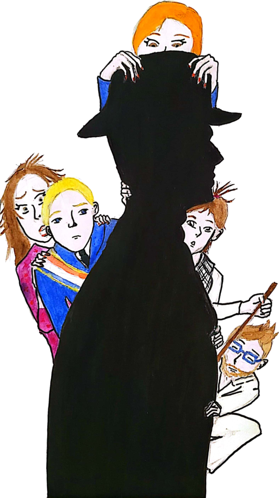 Cinq personnages angoissés derrière une grande silhouette noire. Symbolise la pièce de théâtre "Commissaire Badouz".