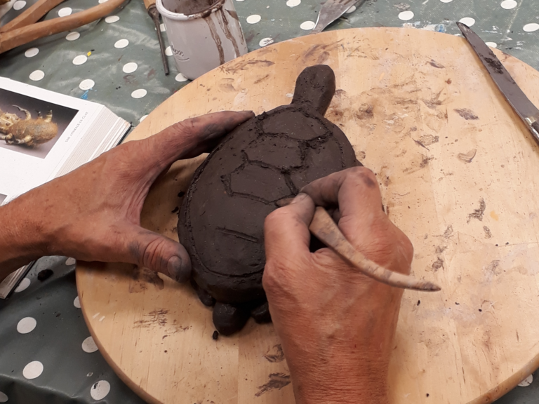 Tortue en argile noire chamottée en cours de gravage de ces écailles